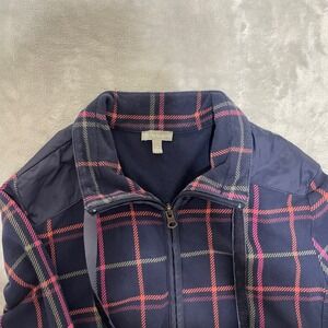 T by Talbots Jacket Womens Petite Large PL Plaid Full Zip Elbow Shoulder Patches